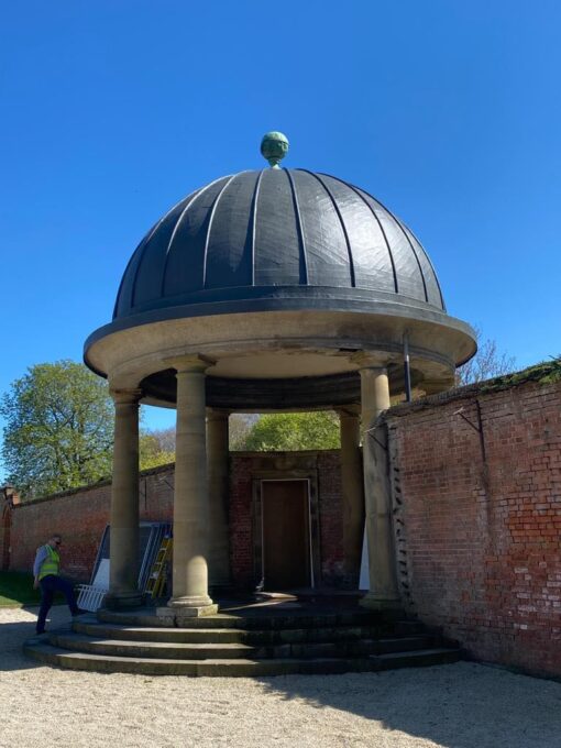 This is a photo of a feature dome building in a park in Hinckley that has had a new lead roof. This was done by Leicester Roofing Services