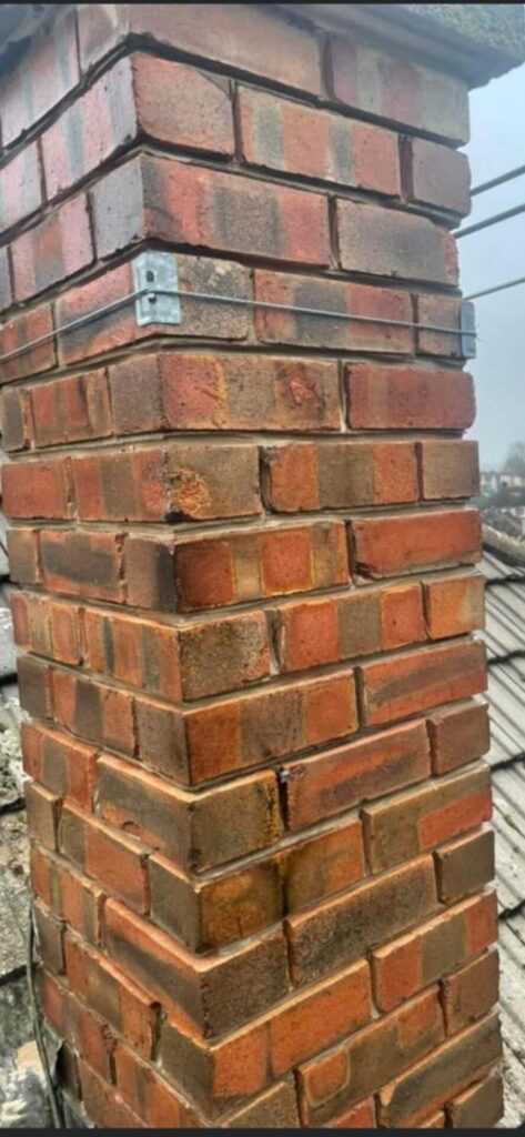 This is a photo before a chimney stack had been repointed. The inspection was done by Leicester roofing services