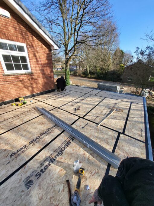 This is a photo of new cover added to a flat roof before the liquid rubber roofing was put on top. this was done by Leicester Roofing Services